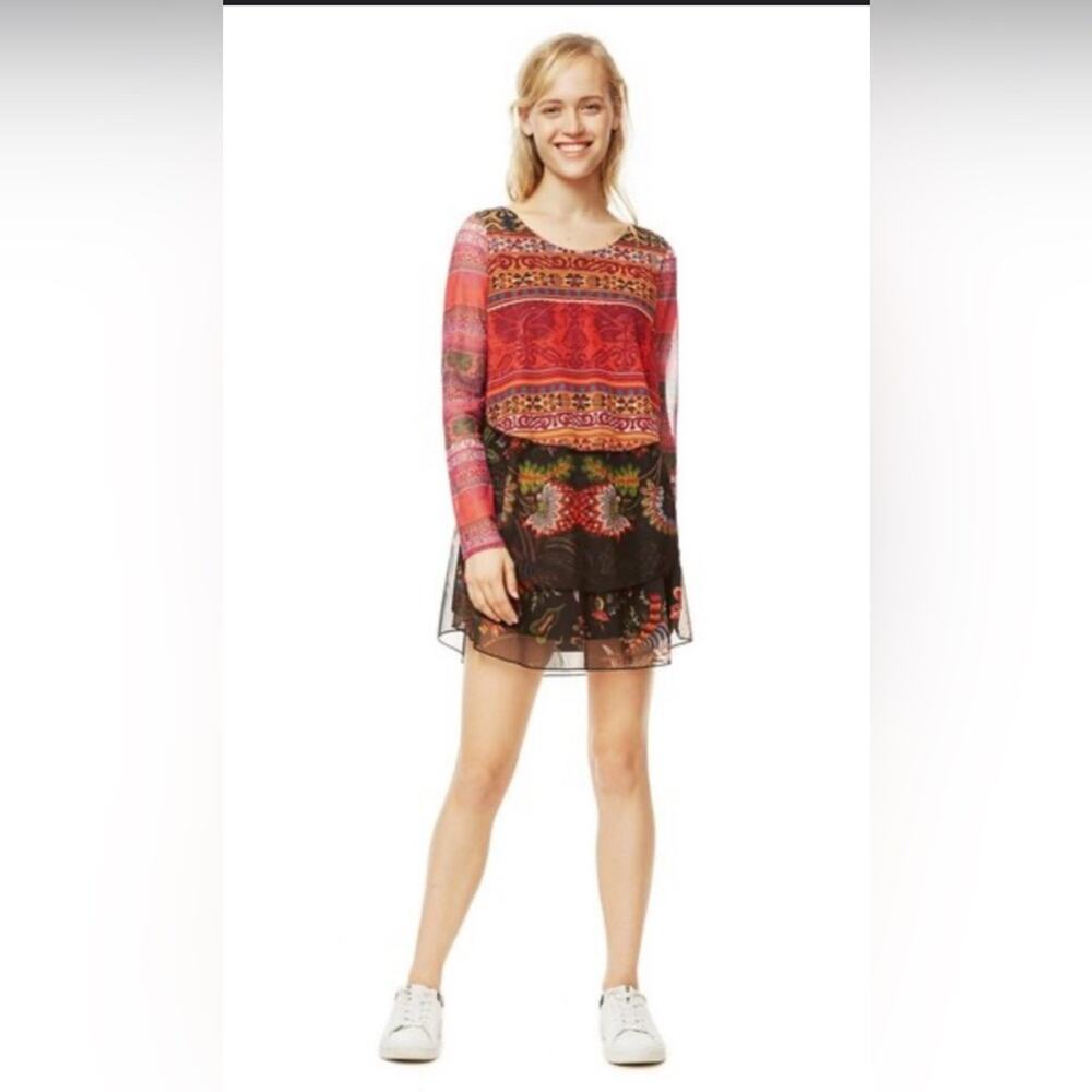Desigual Mesh Mini Dress Women S Black Multi Excellent Floral Tiered Long Sleeve